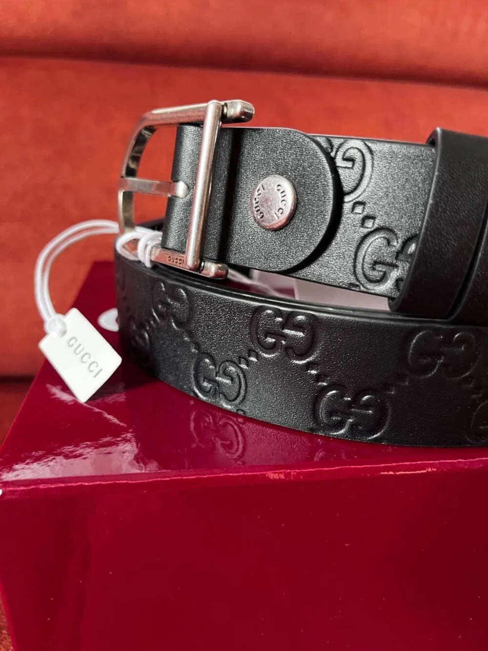 New Gucci Reversable Belt Embossed GG Black Leather Men's Size 120/47
